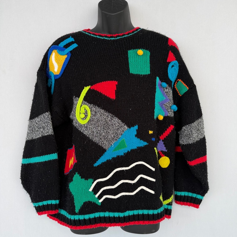 Vtg Hollywood & Vine Abstract Sweater Mens Medium Black Multicolor Geometric 90s